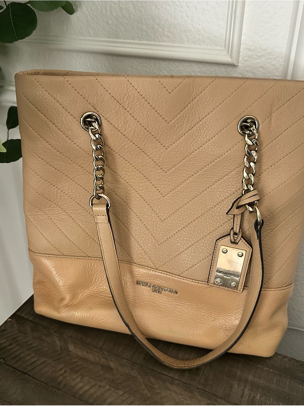 Karl Lagerfield Beige Quilted Leather Tote with Chain Straps